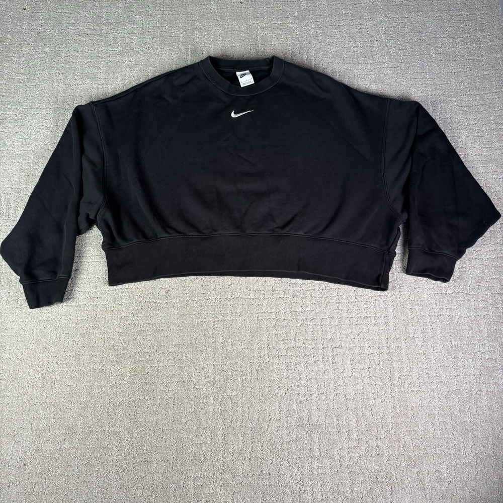 Vintage Nike Y2K Sweatshirt Black Crop Top Center Swoosh Woman's M - Picture 1 of 7